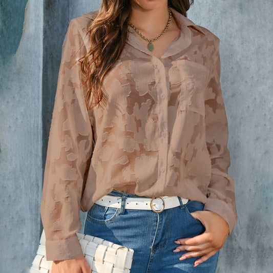 Womens Casual Sheer Button Down Shirts Long Sleeve V Neck Jacquard Blouses Tops