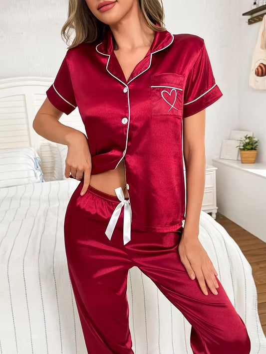 Open Front Button Solid Color Lapel Satin Short Sleeve Long Pants Sleepwear Set