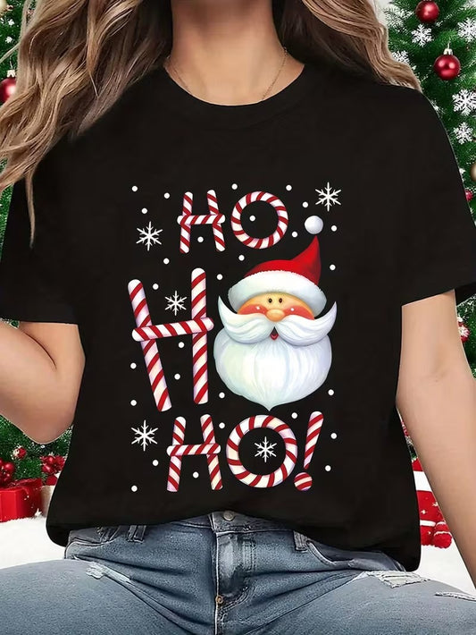 Christmas Santa Claus & Lettering Print Short-Sleeve T-Shirt - Round Neck Casual Top