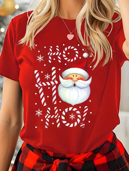 Christmas Santa Claus & Lettering Print Short-Sleeve T-Shirt - Round Neck Casual Top