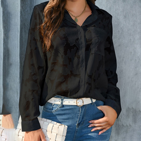 Womens Casual Sheer Button Down Shirts Long Sleeve V Neck Jacquard Blouses Tops