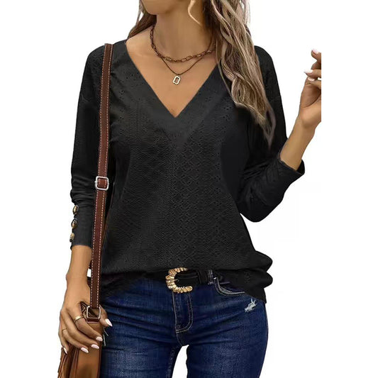 Womens Long Sleeve Eyelet Tops V Neck Fall Shirts Casual Loose Blouses Trendy Clothes