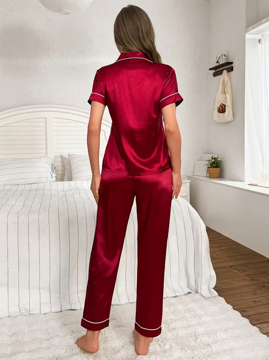 Open Front Button Solid Color Lapel Satin Short Sleeve Long Pants Sleepwear Set